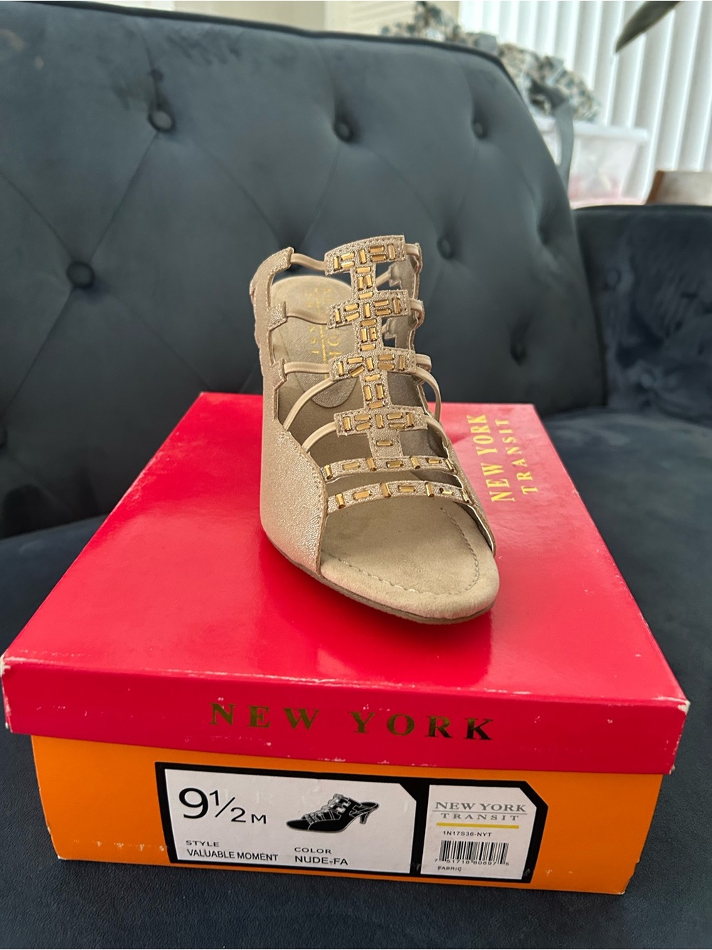 New York Transit Nude Strappy Gladiator Wedge Sandal with Gold Accents